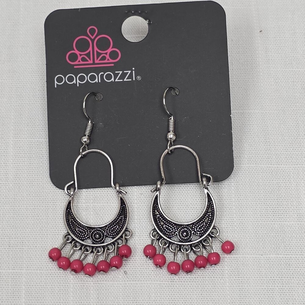 Paparazzi Silver Tone Boho Fringe Dangle Earrings Pink Bead Chandelier Fish Hook